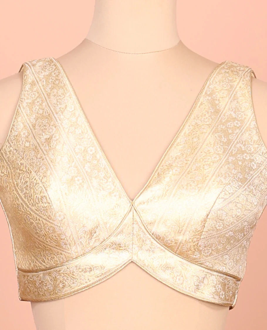 Gold floral brocade front-back deep V-neck sleeveless readymade blouse - Image 3