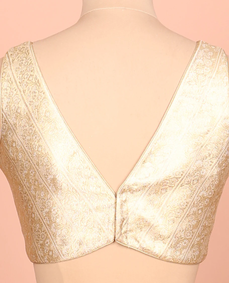 Gold floral brocade front-back deep V-neck sleeveless readymade blouse - Image 4