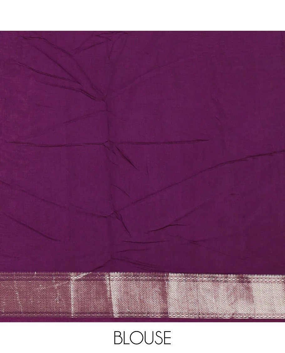 Gold floral motifs silhouette-style discharge printed assam silk saree, contrast chevron design zari border, zari stripes, and a contrast zari bordered blouse - Image 3