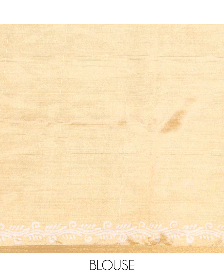 Gold geometric batik printed banana pith saree, printed piping border, paisley motifs steeped pallu, and a matching blouse - Image 4