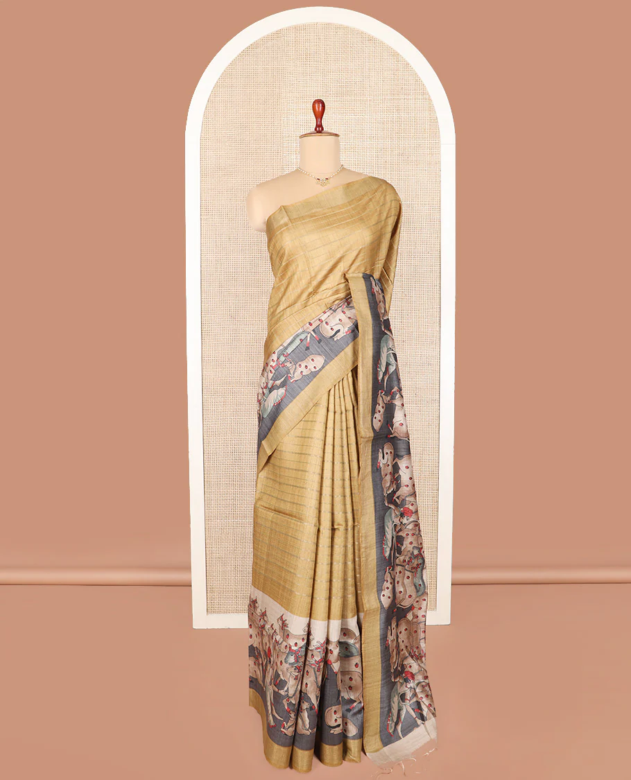 Gold horizontal striped tussar silk saree, Pichwai cow motifs printed border, and striped pallu - Image 2