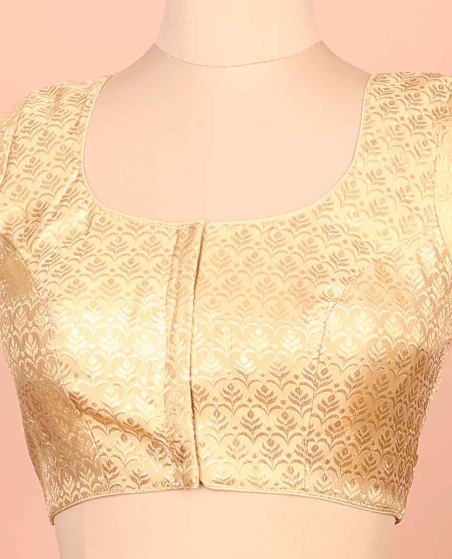Gold intricate design front-back round neck elbow-sleeve readymade blouse - Image 2