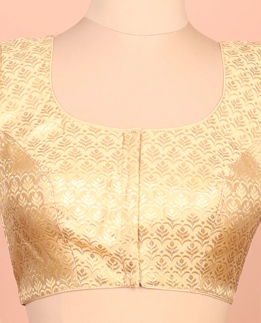 Gold intricate design front-back round neck elbow-sleeve readymade blouse - Image 3