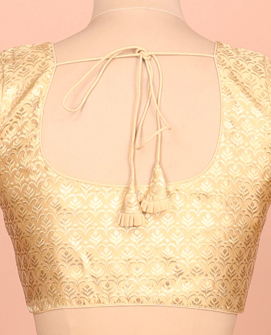 Gold intricate design front-back round neck elbow-sleeve readymade blouse - Image 4