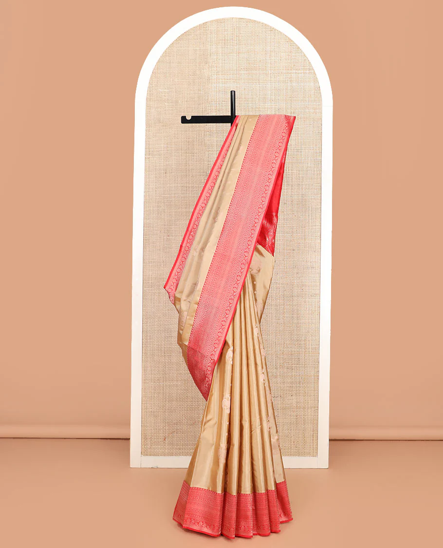Gold iruthalai pakshi buttas woven Vasundhara silk saree, contrast border of thilakam mokku, neli, and kodi visiry designs, and pallu of traditional zari designs