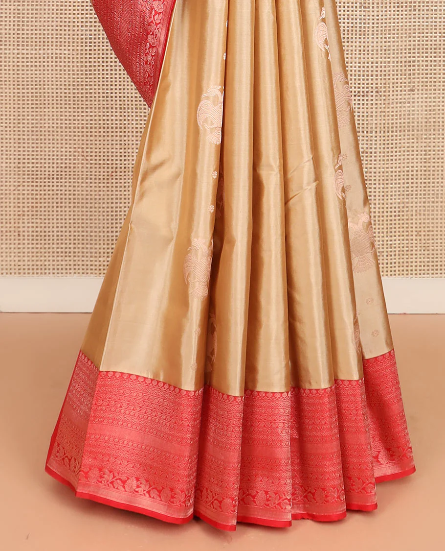 Gold iruthalai pakshi buttas woven Vasundhara silk saree, contrast border of thilakam mokku, neli, and kodi visiry designs, and pallu of traditional zari designs - Image 4