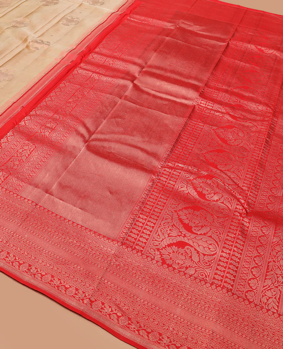 Gold iruthalai pakshi buttas woven Vasundhara silk saree, contrast border of thilakam mokku, neli, and kodi visiry designs, and pallu of traditional zari designs - Image 5