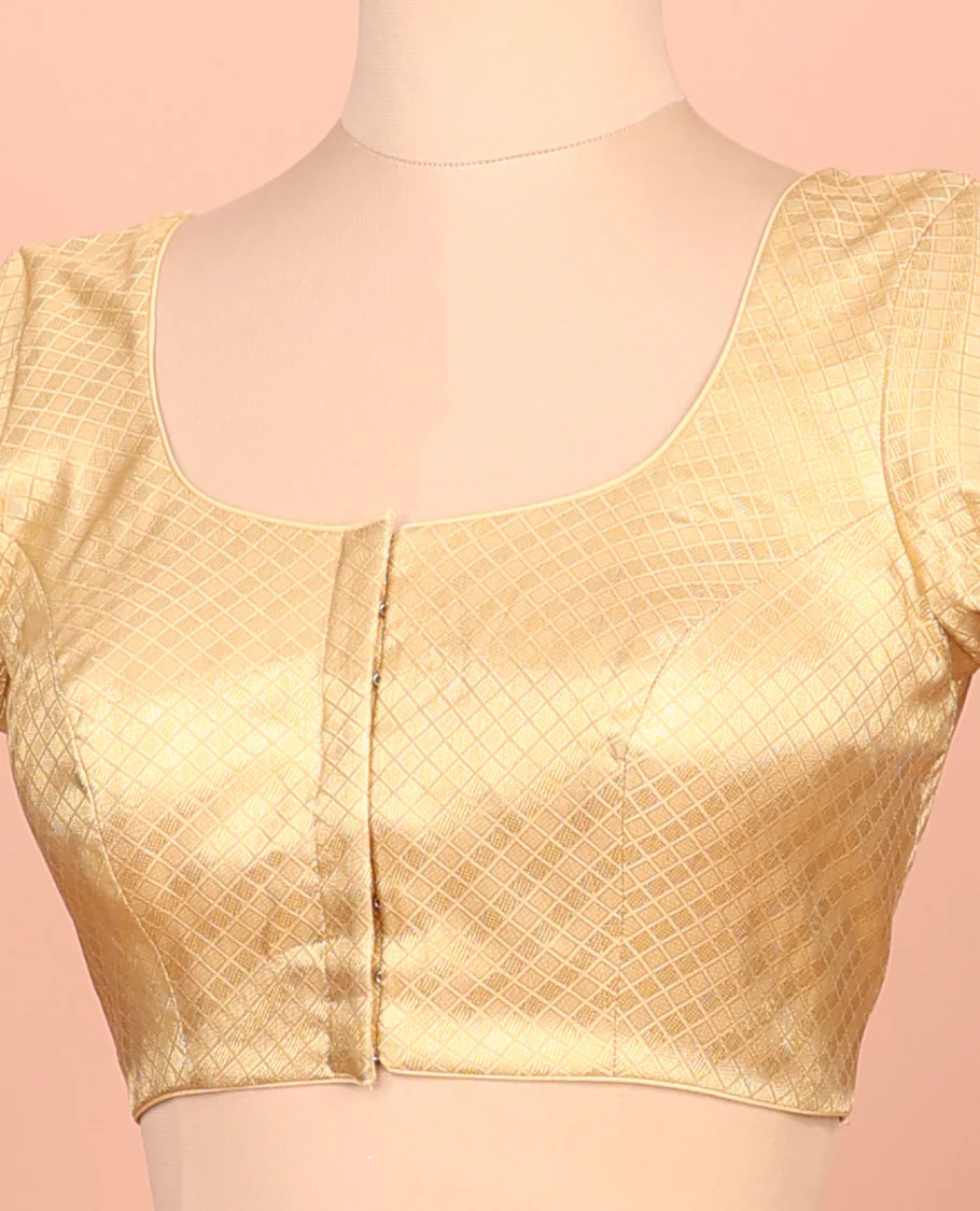 Gold jaal front-back round neck elbow-sleeve readymade blouse - Image 2