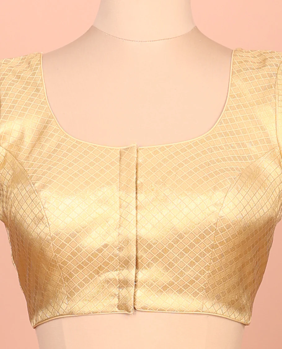 Gold jaal front-back round neck elbow-sleeve readymade blouse - Image 3