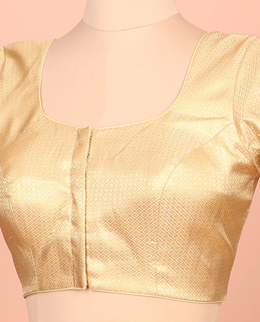 Gold jaal front-back round neck elbow-sleeve readymade blouse - Image 2