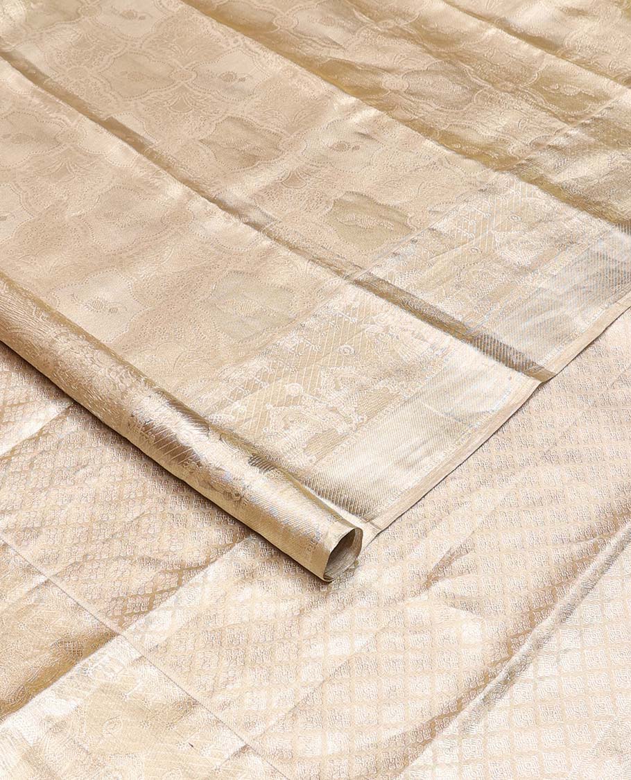 Gold jacquard Kanchipuram silk saree, wedding-theme border, and jaal pallu - Image 2