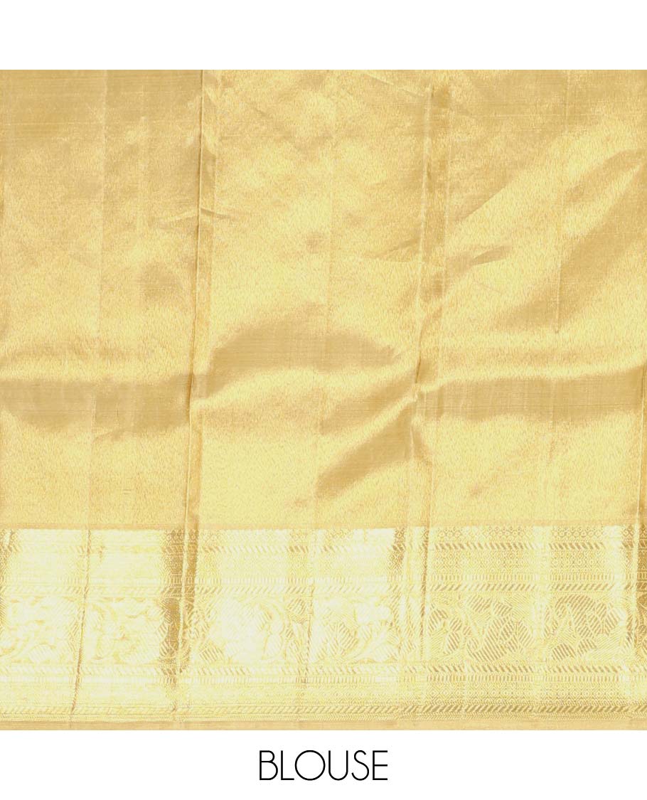 Gold jacquard Samudrika silk saree, zari border of thilakam mokku, banaras, muthu, diamond, and kodi visiry designs, and jaal pallu - Image 6