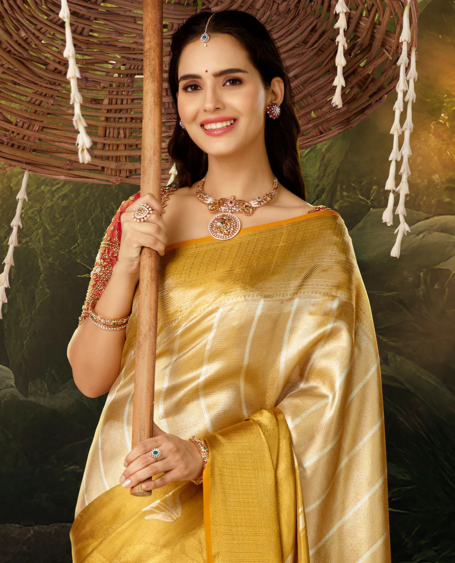 Gold jacquard Samudrika silk saree, contrast intricate pallu & zari highlighted border steeped with traditional designs - Image 3