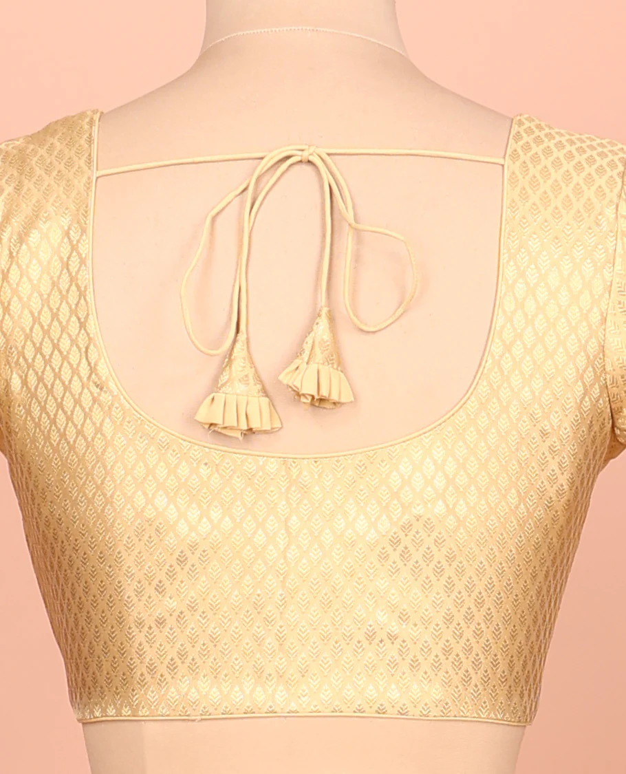 Gold leaf design front-back round neck elbow-sleeve readymade blouse - Image 4