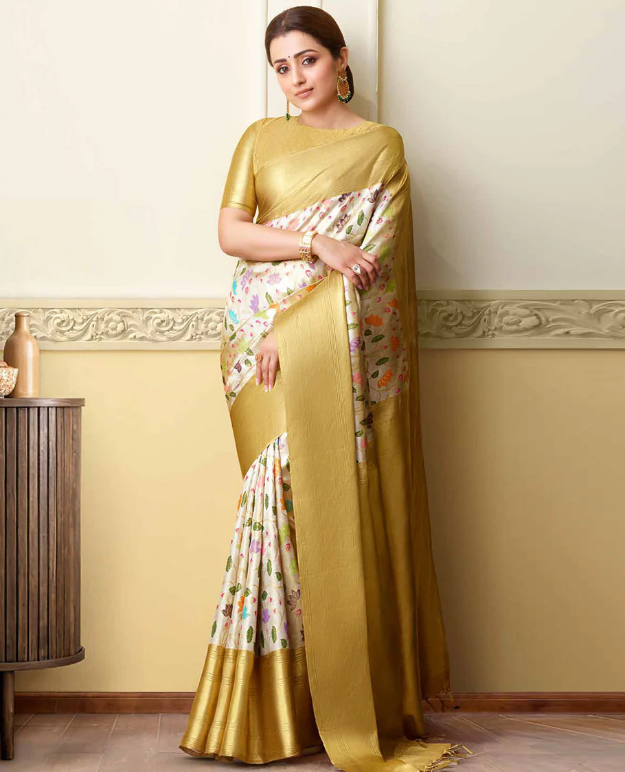 Gold color Pichwai lotus vine woven meenakari jacquard Samudrika silk saree contrast zari border of rekku, banaras, and zari stripes, and pallu of thilakam mokku and jaal designs