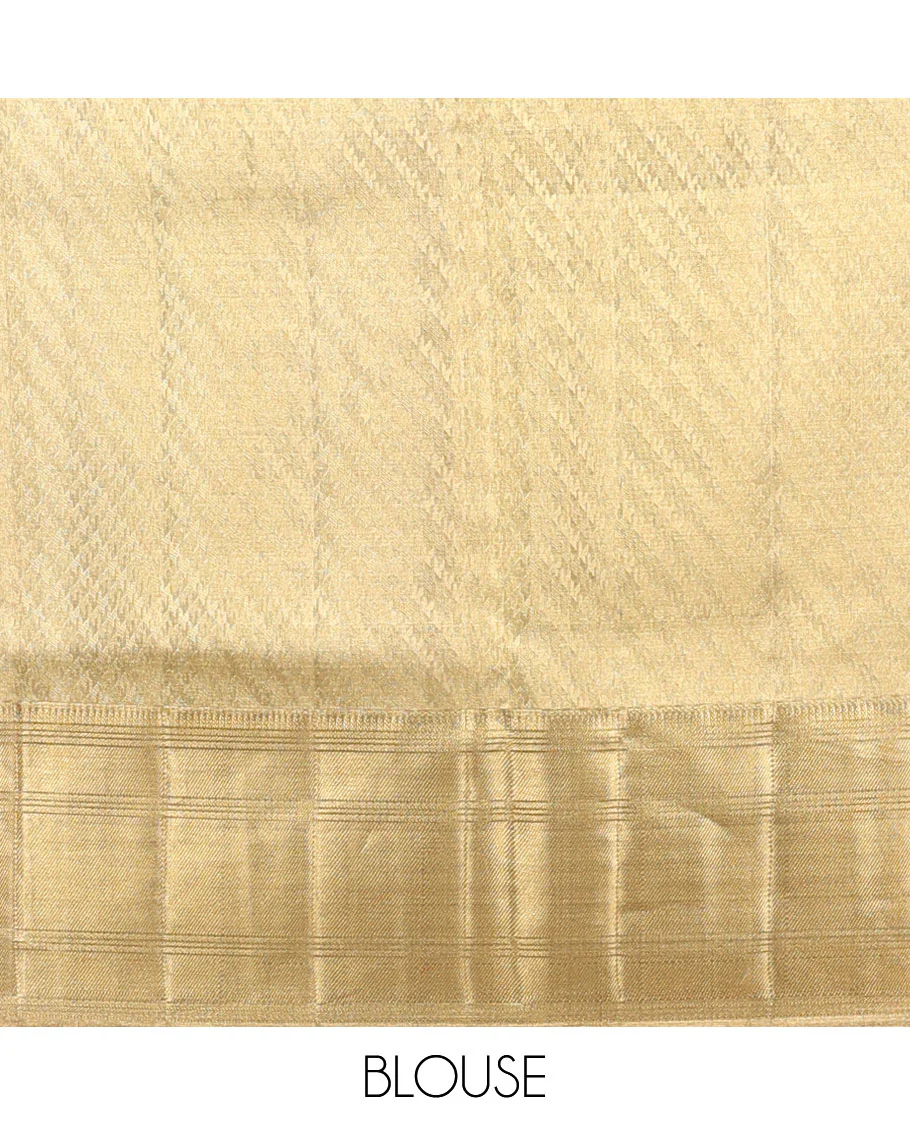 Gold color Pichwai lotus vine woven meenakari jacquard Samudrika silk saree contrast zari border of rekku, banaras, and zari stripes, and pallu of thilakam mokku and jaal designs - Image 3