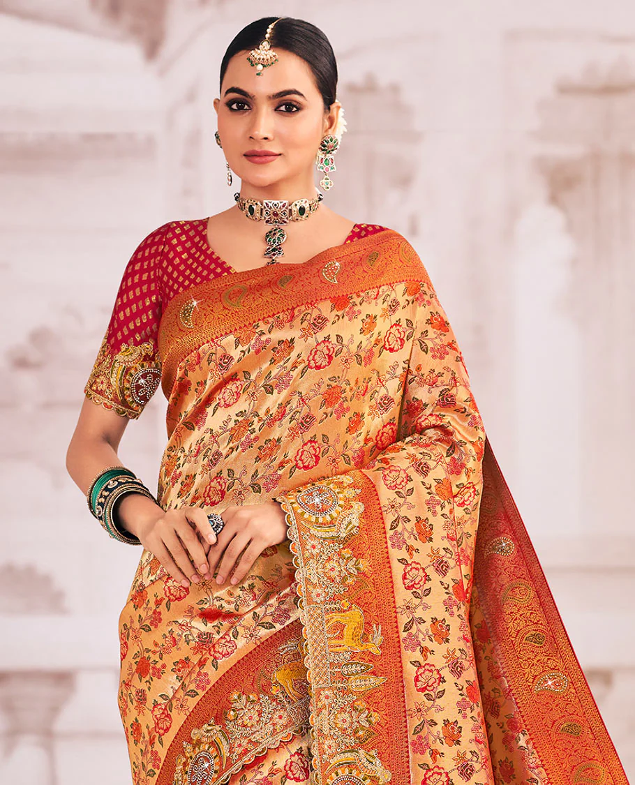Gold meenakari floral jacquard designer saree, contrast scallop intricately embroidered border, and pallu of zari and micro-stone work - Image 2