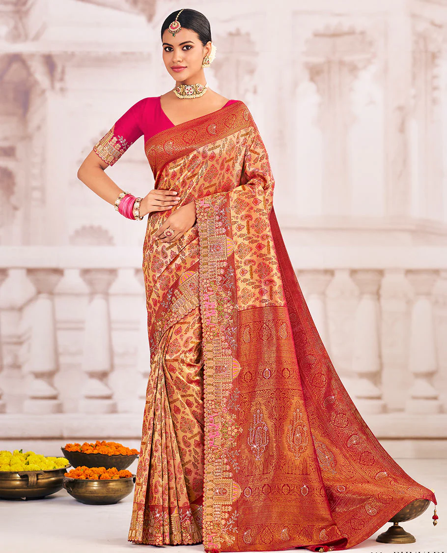 Gold meenakari jacquard designer saree, scallop intricately embroidered border, and pallu of zari and micro-stone work
