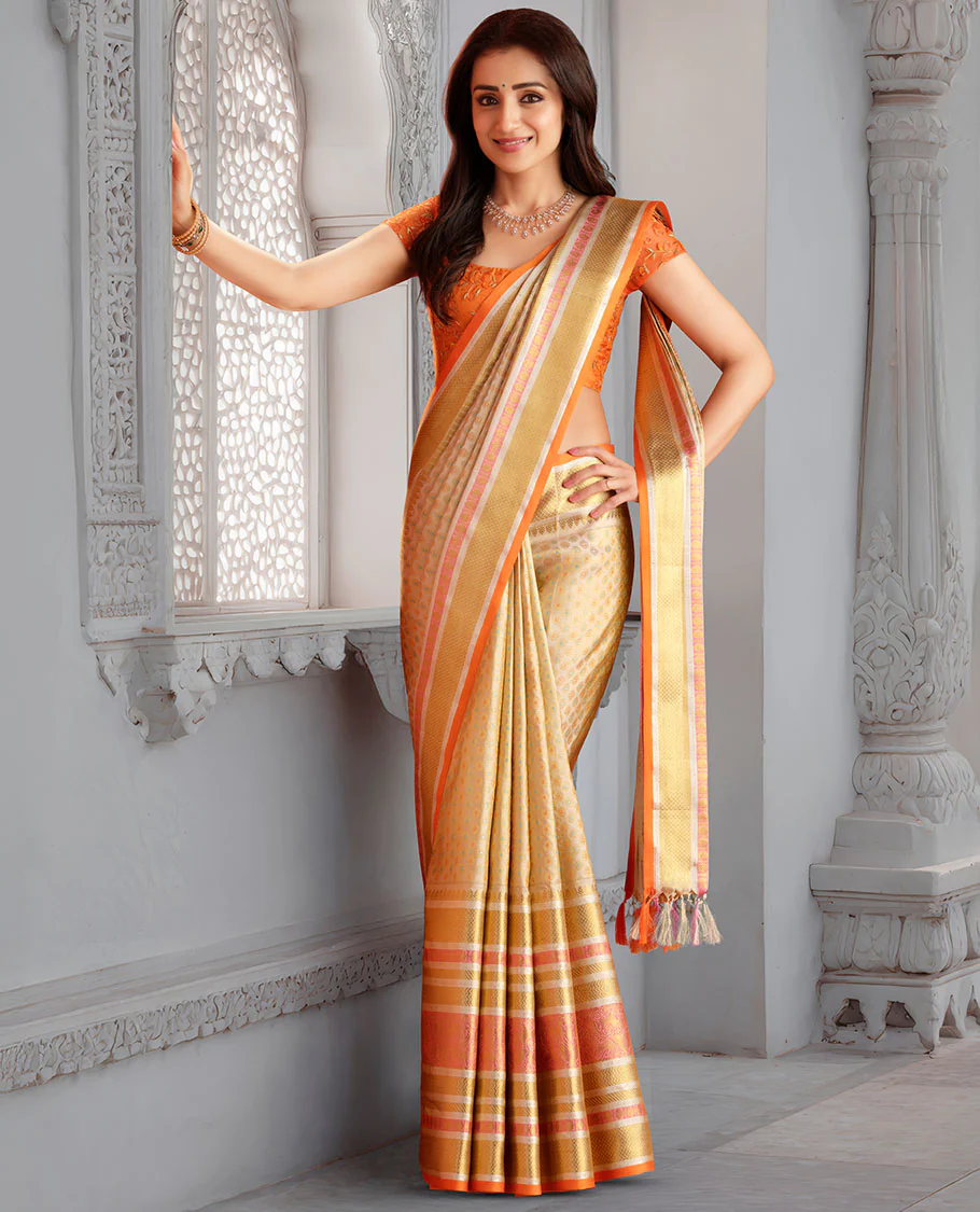 Gold meenakari zari buttas woven Samudrika silk saree, contrast zari border of Banaras, poun & mayil kann design & zari woven grand pallu