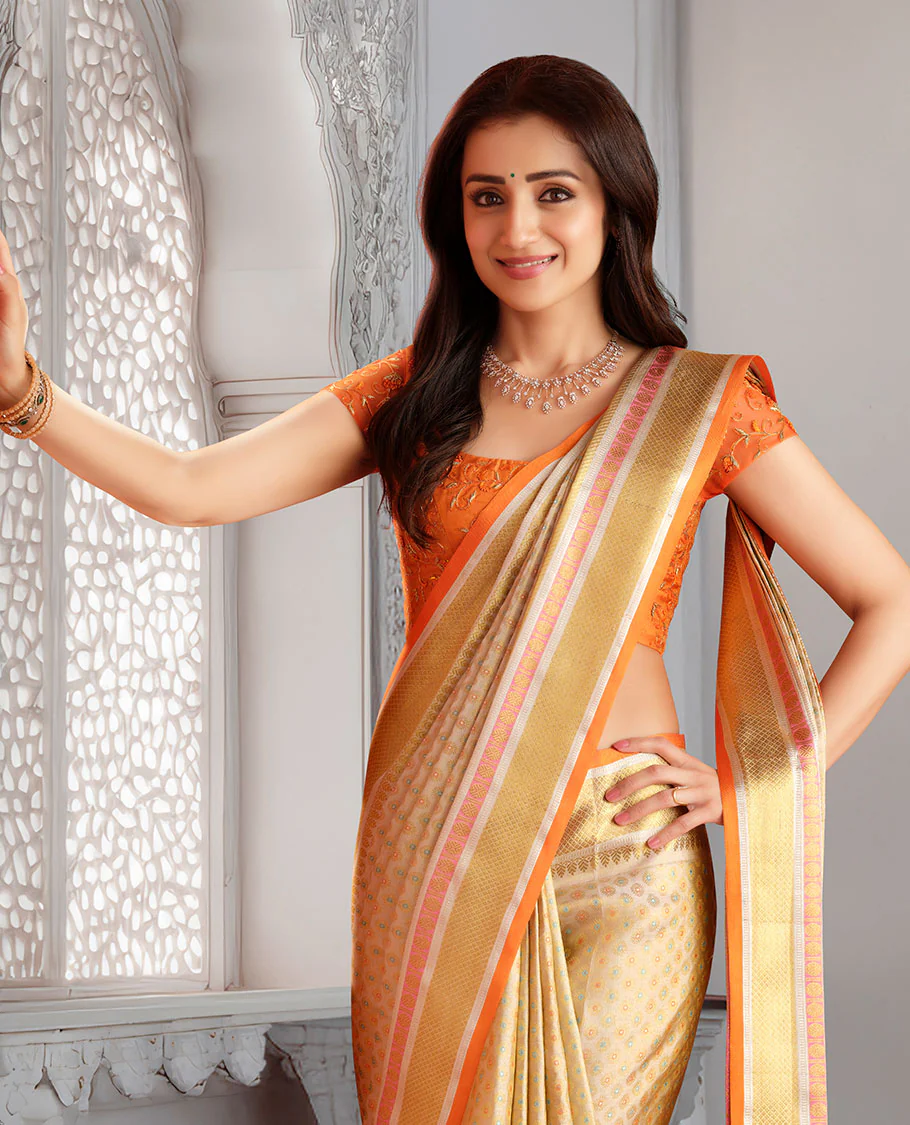 Gold meenakari zari buttas woven Samudrika silk saree, contrast zari border of Banaras, poun & mayil kann design & zari woven grand pallu - Image 2