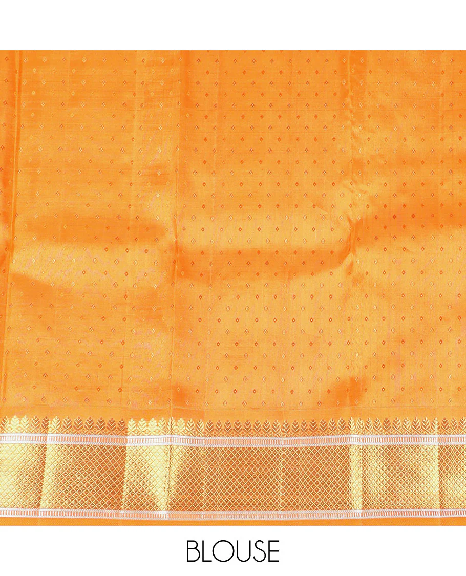 Gold meenakari zari buttas woven Samudrika silk saree, contrast zari border of Banaras, poun & mayil kann design & zari woven grand pallu - Image 5