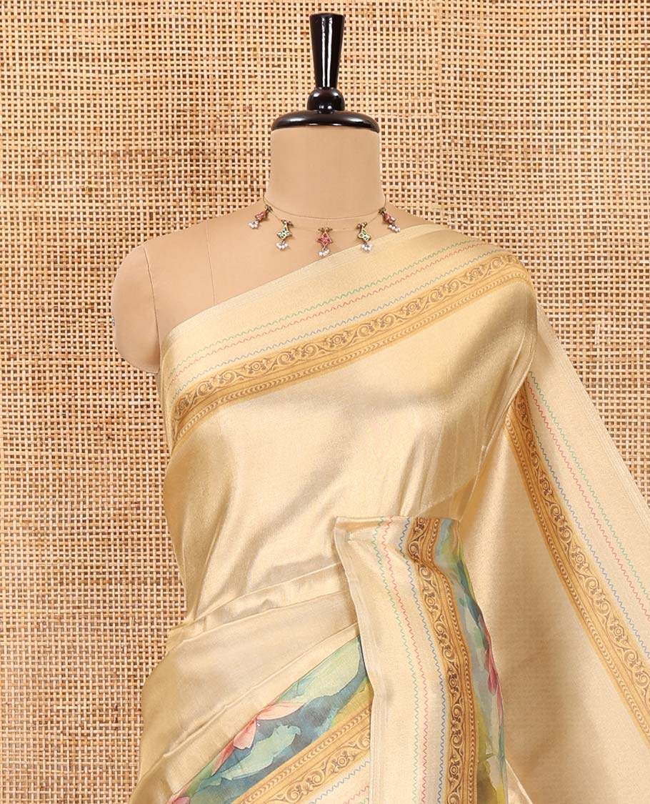 Gold Mughal buildings and Pichwai lotus printed tissue satin saree, dotted striped border, Mughal-style building printed pallu, and ogee patterned blouse - Image 2