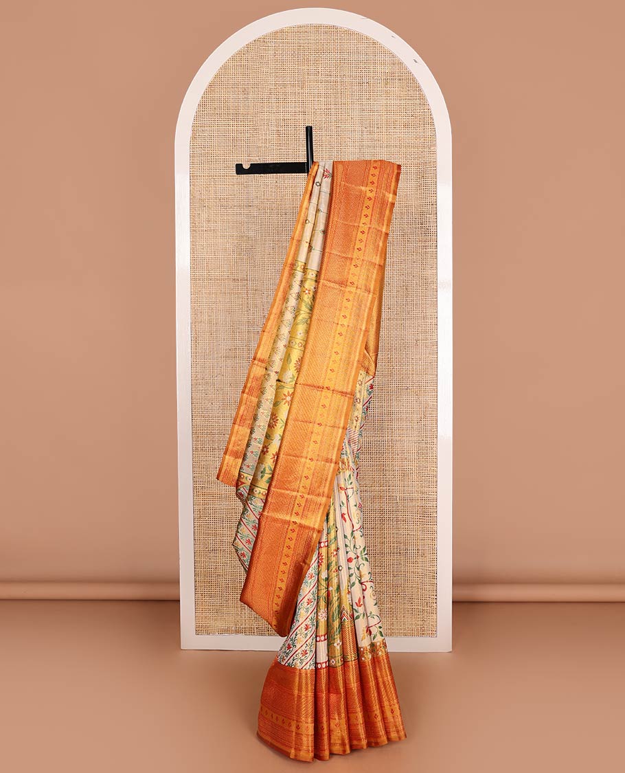 Gold Mughal style meenakari jacquard Samudrika silk saree, contrast border of rekku,kathir,neli,muthu, and mayil kann, and paithani pallu of muniya, floral, and bird designs