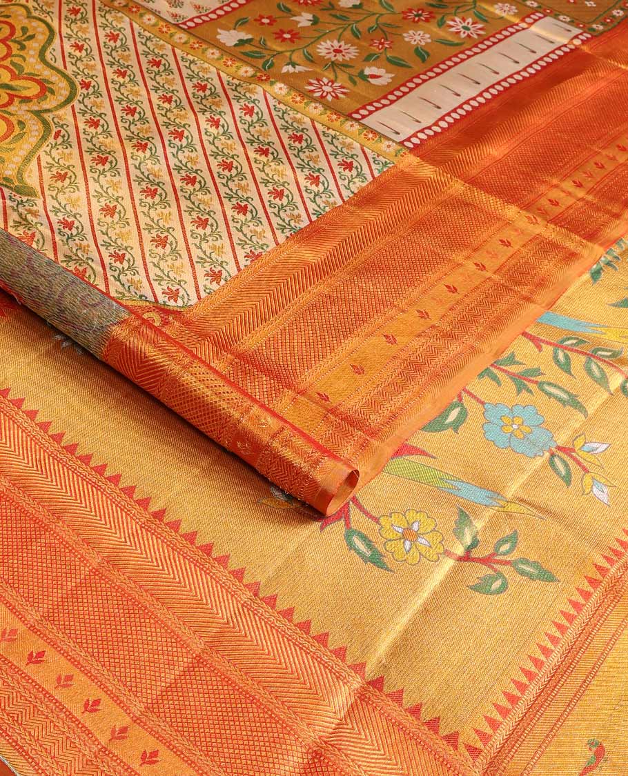 Gold Mughal style meenakari jacquard Samudrika silk saree, contrast border of rekku,kathir,neli,muthu, and mayil kann, and paithani pallu of muniya, floral, and bird designs - Image 2