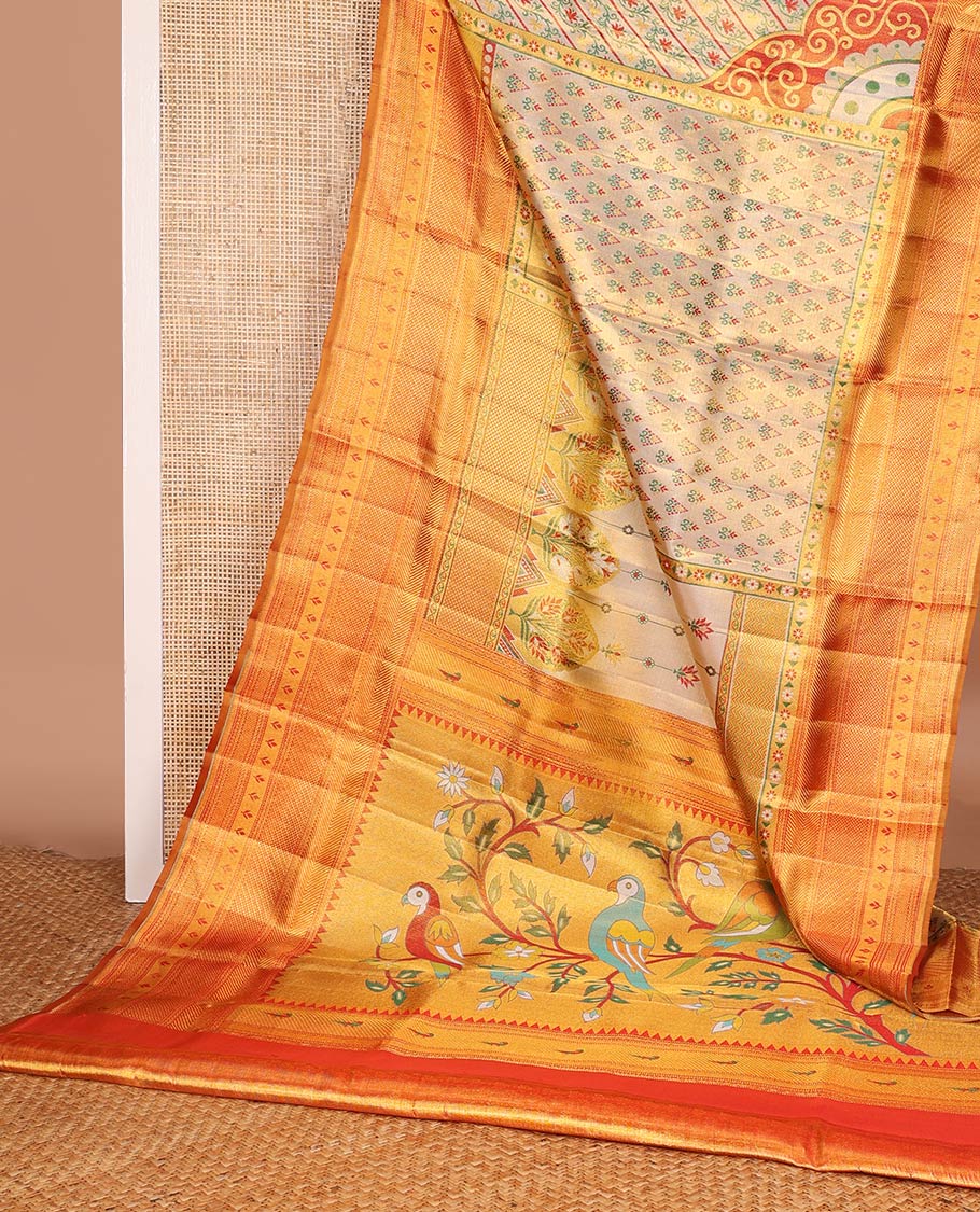 Gold Mughal style meenakari jacquard Samudrika silk saree, contrast border of rekku,kathir,neli,muthu, and mayil kann, and paithani pallu of muniya, floral, and bird designs - Image 3