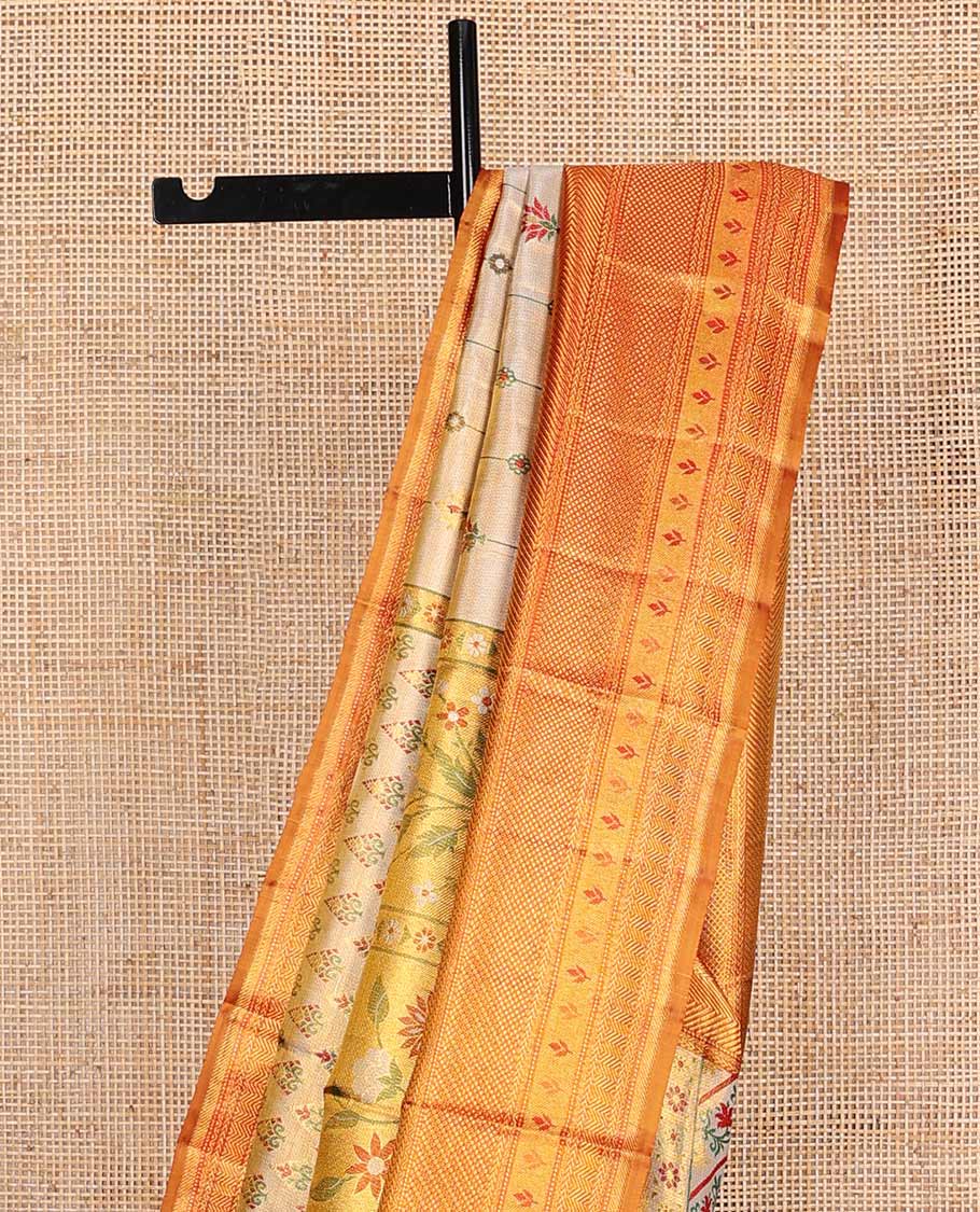 Gold Mughal style meenakari jacquard Samudrika silk saree, contrast border of rekku,kathir,neli,muthu, and mayil kann, and paithani pallu of muniya, floral, and bird designs - Image 4