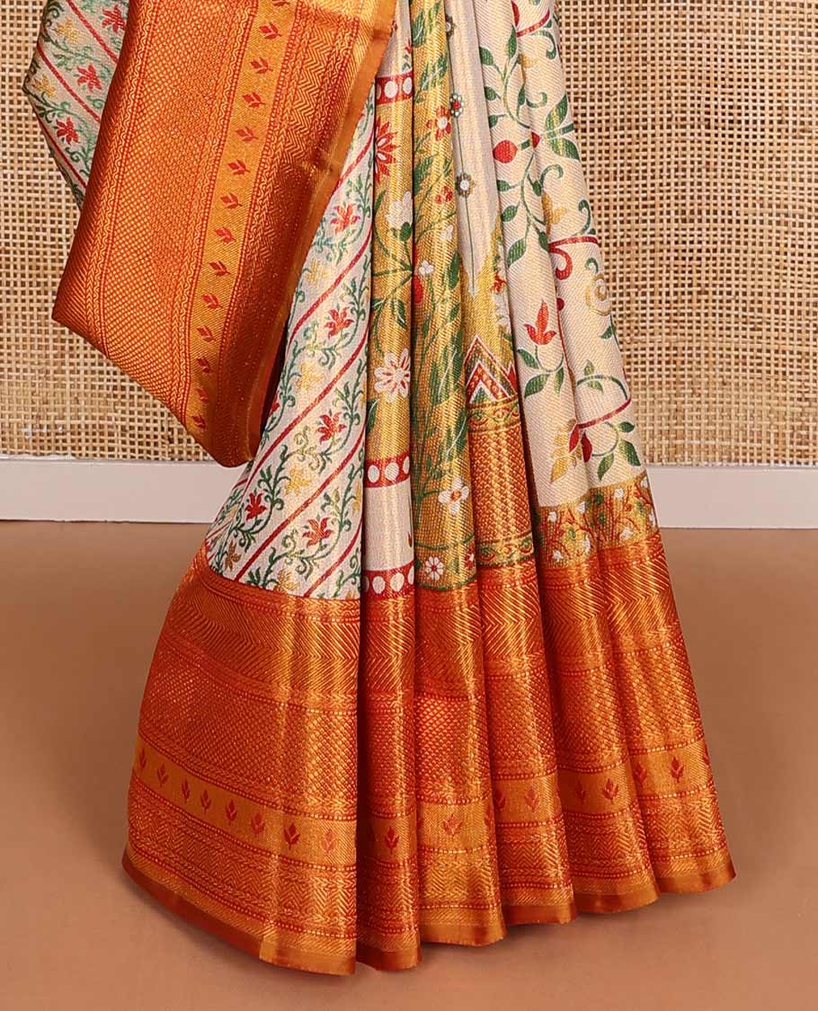 Gold Mughal style meenakari jacquard Samudrika silk saree, contrast border of rekku,kathir,neli,muthu, and mayil kann, and paithani pallu of muniya, floral, and bird designs - Image 5