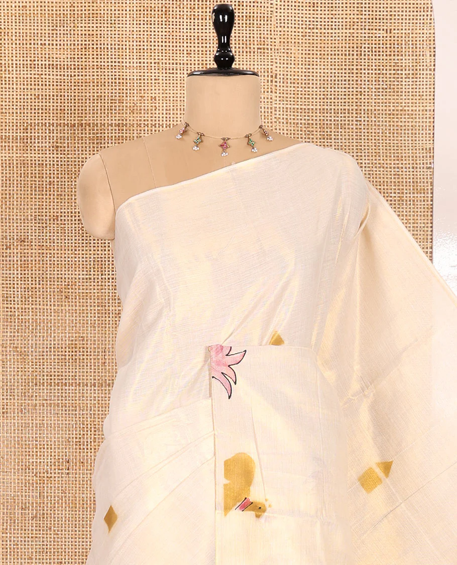 Gold-Mustard Kerala Cotton Saree Subtly Sparked with Handblock-Printed Flora-Fauna-Architecture Motifs, Featuring a Self Pallu with Matching Flora-Fauna-Architecture Handblock Prints, Paired with a Matching Plain Blouse. - Image 2
