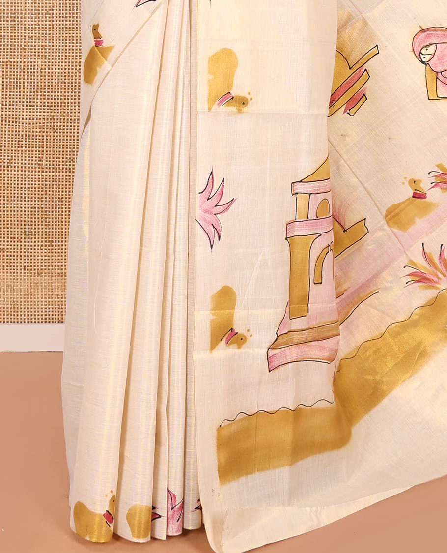 Gold-Mustard Kerala Cotton Saree Subtly Sparked with Handblock-Printed Flora-Fauna-Architecture Motifs, Featuring a Self Pallu with Matching Flora-Fauna-Architecture Handblock Prints, Paired with a Matching Plain Blouse. - Image 3