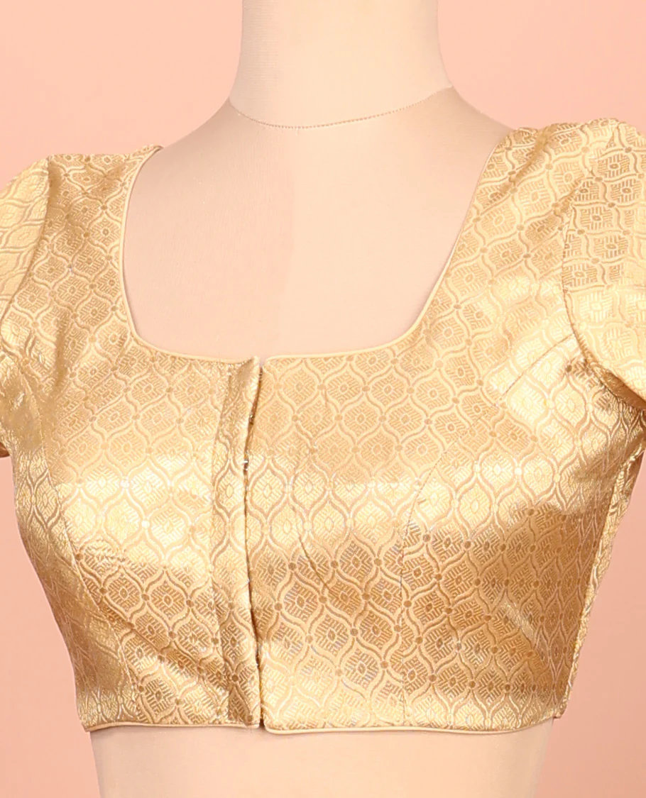 Gold ogee patterned front-back round neck elbow-sleeve readymade blouse - Image 2