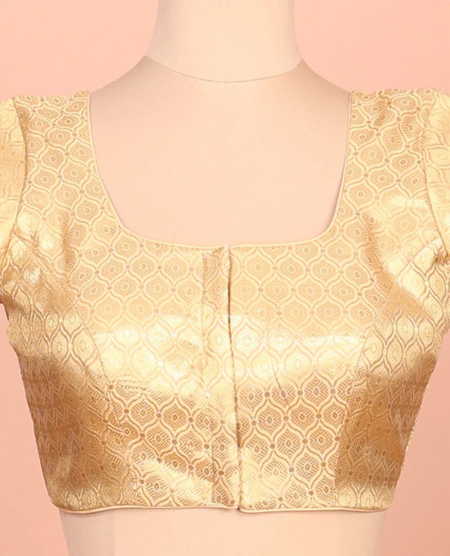 Gold ogee patterned front-back round neck elbow-sleeve readymade blouse - Image 3