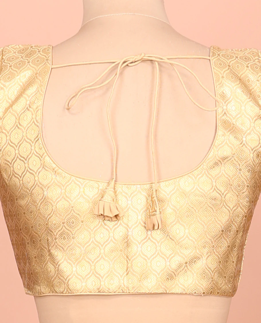 Gold ogee patterned front-back round neck elbow-sleeve readymade blouse - Image 4