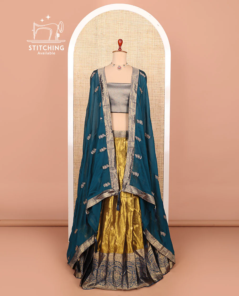 Gold-peacock blue zari buttas half-saree with contrast intricate Mughal motifs woven bordered skirt, brocade blouse, and a zari design dhavani - Image 2