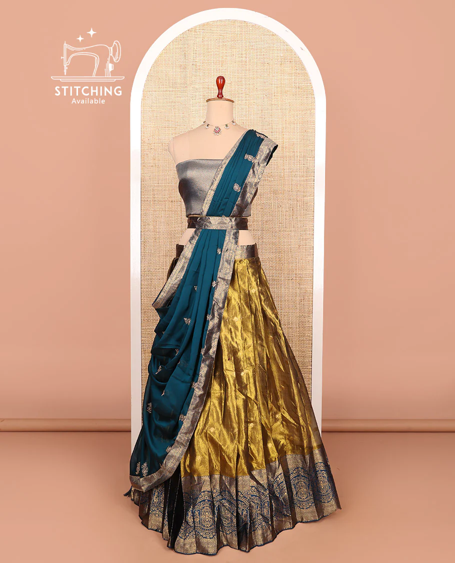 Gold-peacock blue zari buttas half-saree with contrast intricate Mughal motifs woven bordered skirt, brocade blouse, and a zari design dhavani - Image 3