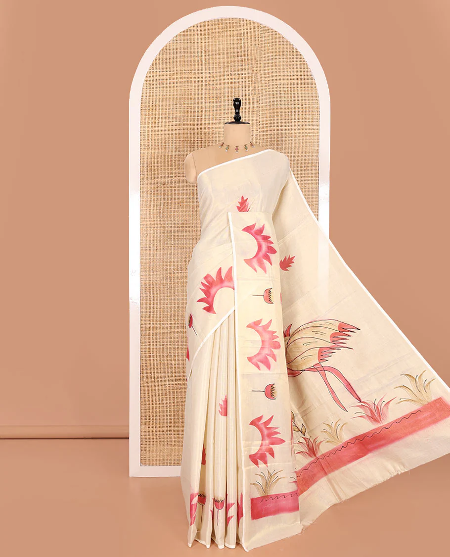 Gold-pink Kerala Cotton Saree Subtly Sparked with Handblock-Printed Flora Motifs, Featuring a Self Pallu with girl and flamingo motifs Handblock Prints, and Paired with a Matching Plain Blouse