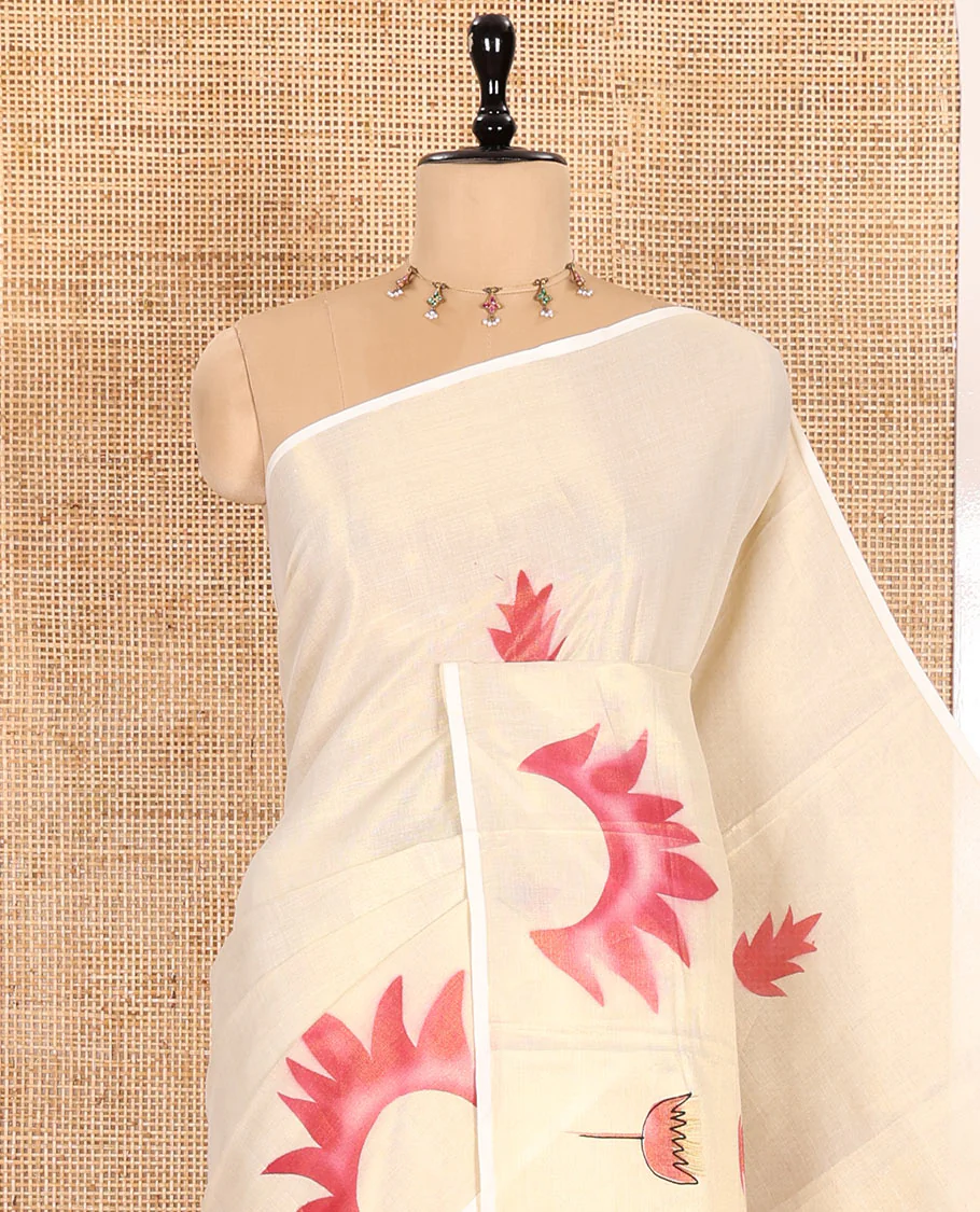 Gold-pink Kerala Cotton Saree Subtly Sparked with Handblock-Printed Flora Motifs, Featuring a Self Pallu with girl and flamingo motifs Handblock Prints, and Paired with a Matching Plain Blouse - Image 2