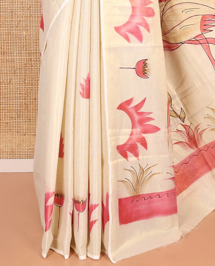 Gold-pink Kerala Cotton Saree Subtly Sparked with Handblock-Printed Flora Motifs, Featuring a Self Pallu with girl and flamingo motifs Handblock Prints, and Paired with a Matching Plain Blouse - Image 3
