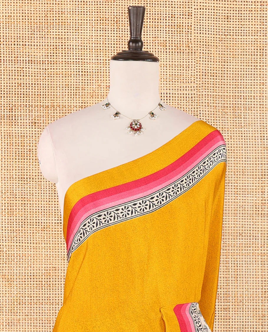 Gold plain crepe silk saree, contrast floral & geometric block printed-style border, printed pallu & contrast plain blouse - Image 3