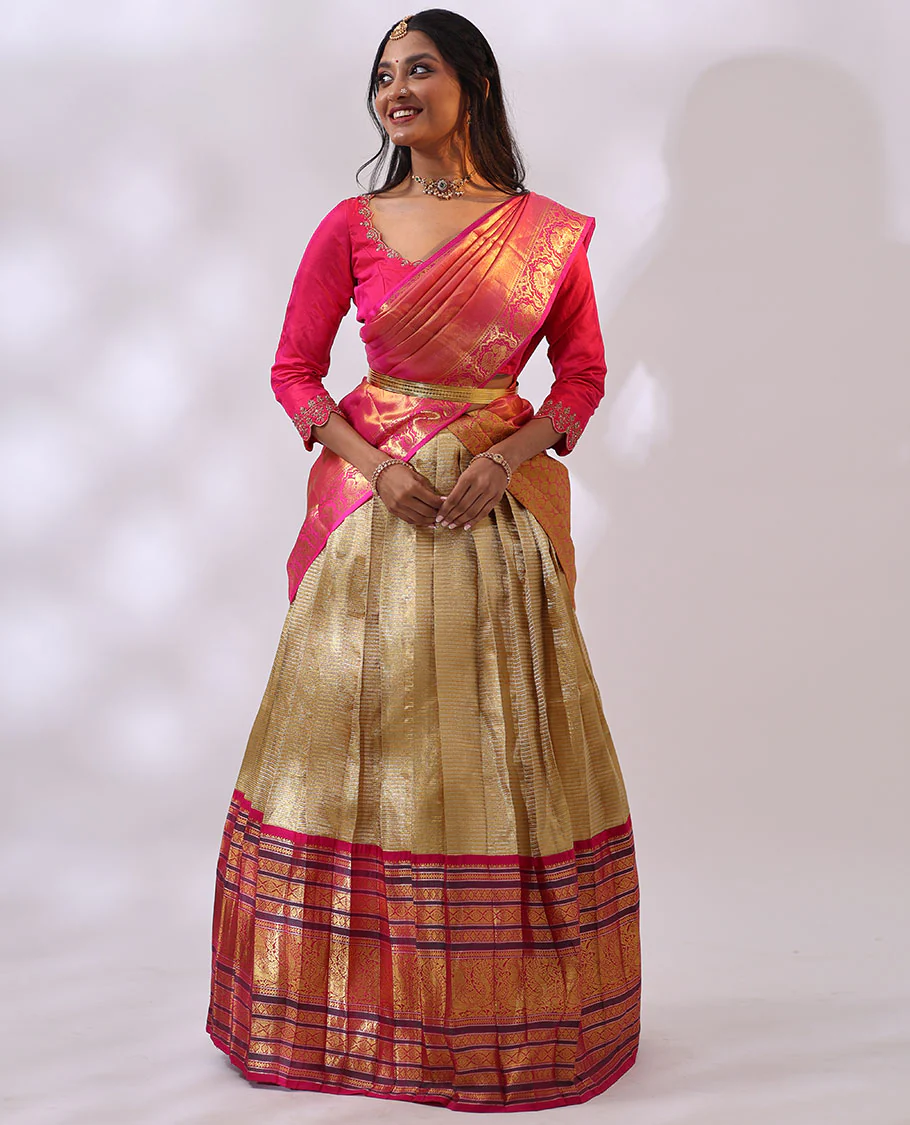 Gold striped silk half saree with contrast intricate zari design, floral embroidery blouse & floral zari design dhavani - Image 3