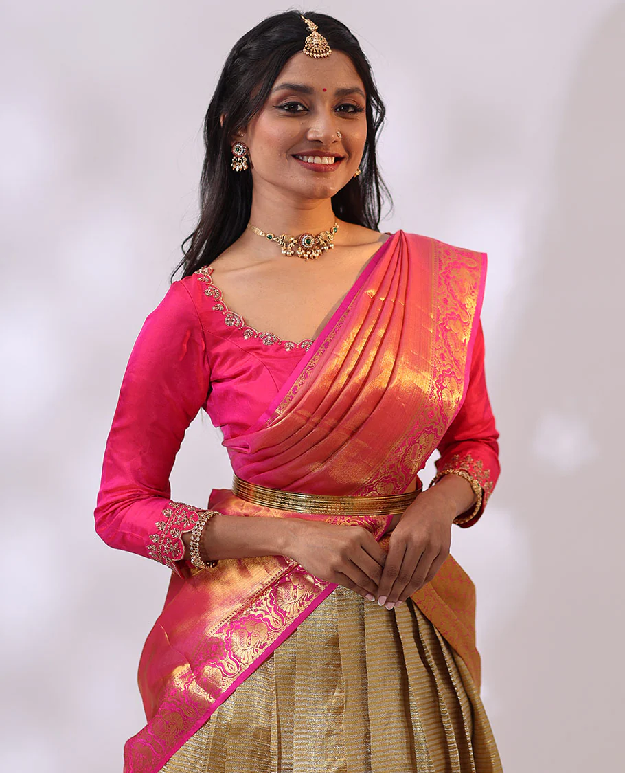 Gold striped silk half saree with contrast intricate zari design, floral embroidery blouse & floral zari design dhavani - Image 4