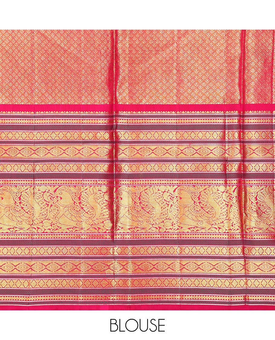 Gold striped silk half saree with contrast intricate zari design, floral embroidery blouse & floral zari design dhavani - Image 5