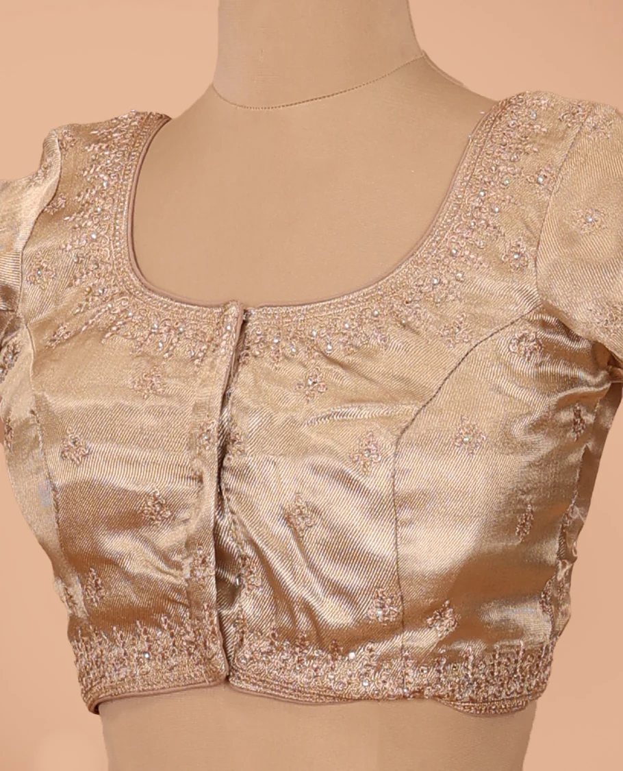 Gold thread embroidered front-back round neck elbow sleeve blouse - Image 2