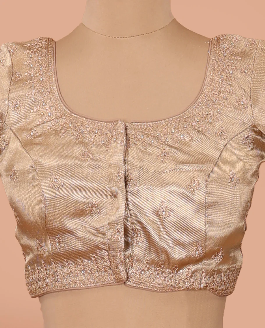 Gold thread embroidered front-back round neck elbow sleeve blouse - Image 3