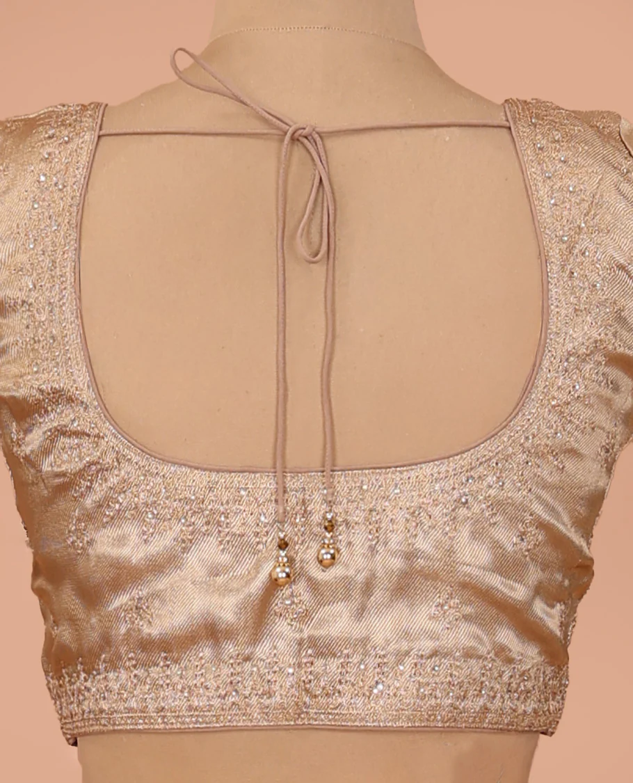 Gold thread embroidered front-back round neck elbow sleeve blouse - Image 4