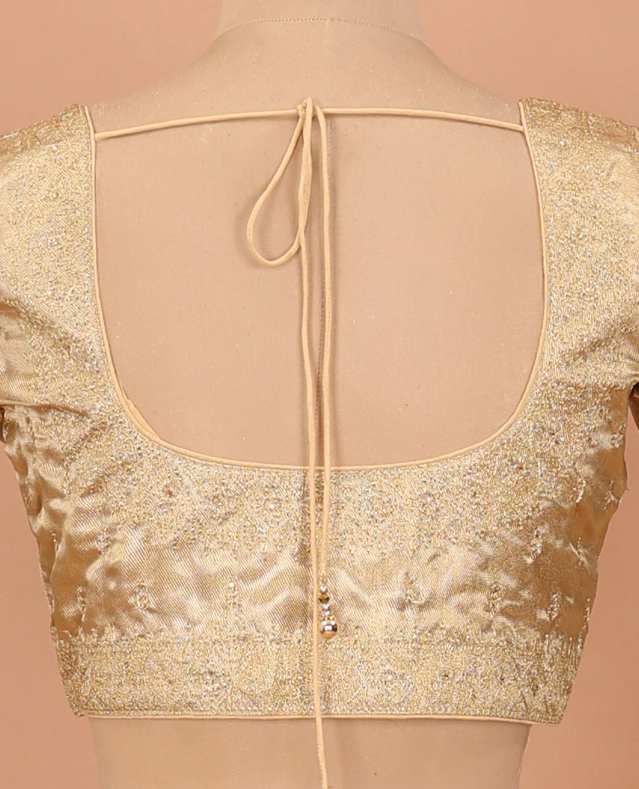 Gold thread embroidered front-back round neck elbow sleeve blouse - Image 4