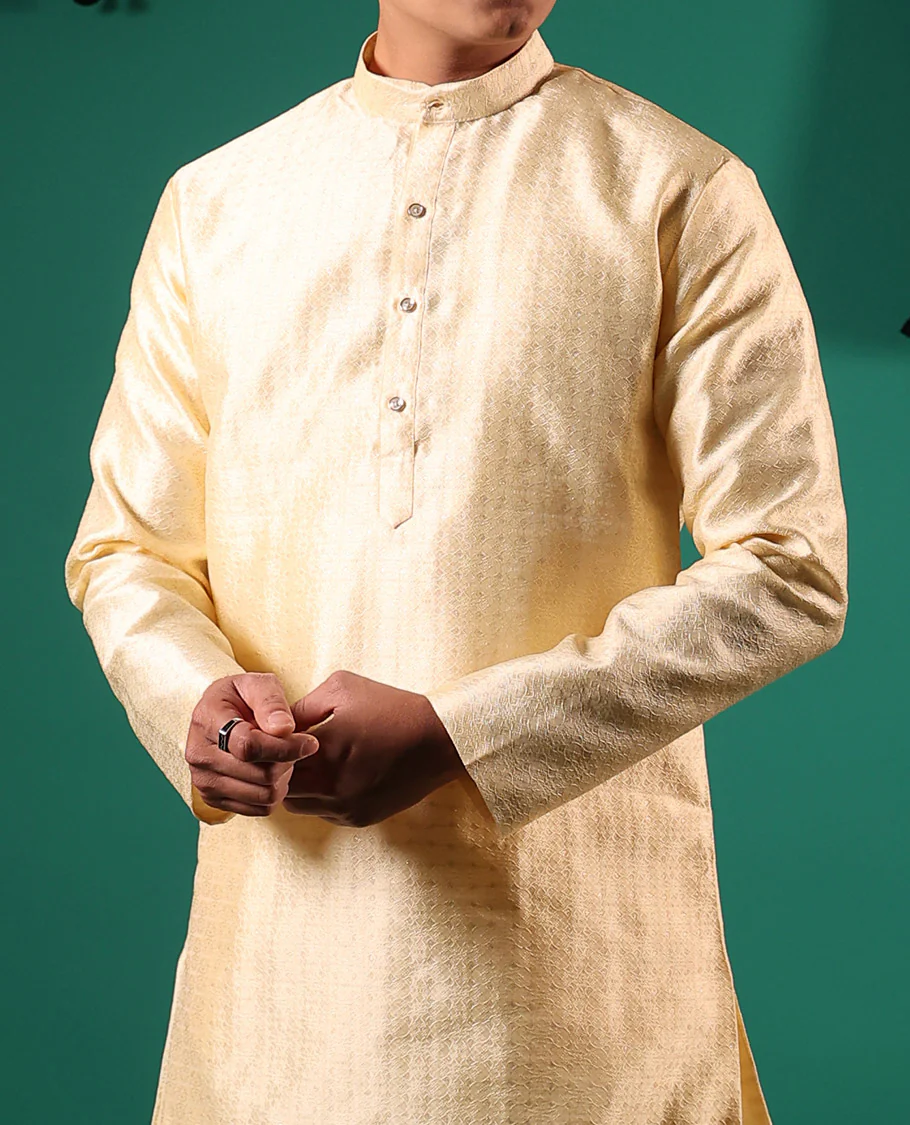 Gold unique patterns embossed full-sleeved men's kurta set - Image 4